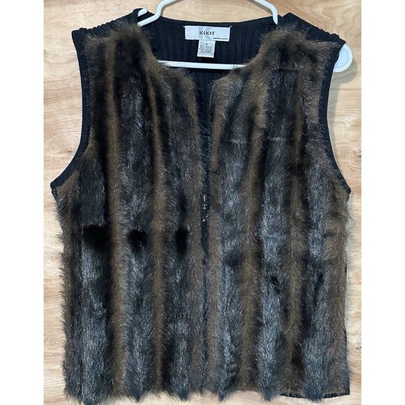 VTG KIKIT Faux Fur Striped Zip Vest Sweater Back Women Medium Brown Y2K Knitwear - Picture 1 of 7